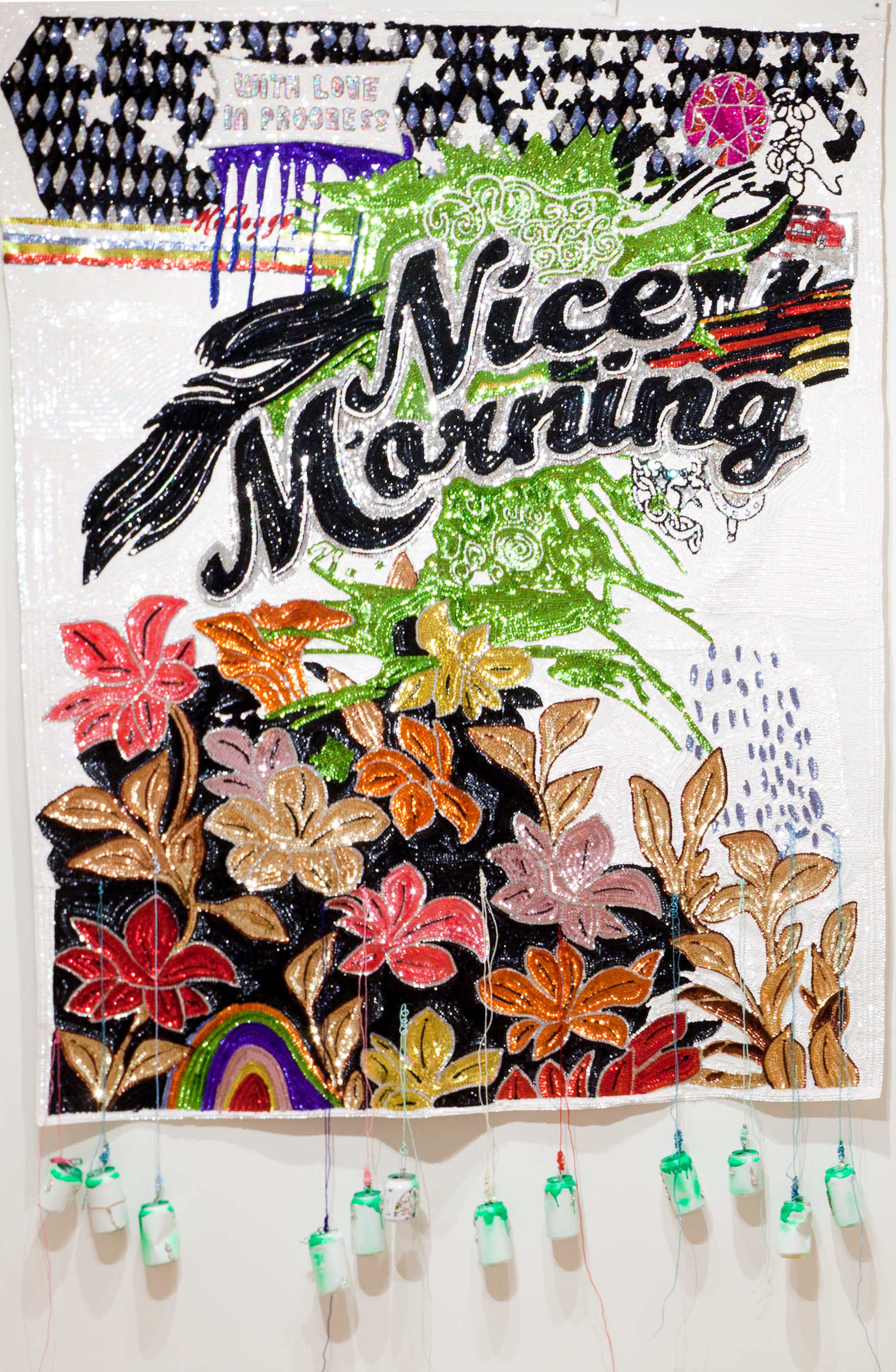 Daniel González,Nice Morning, 2011, hand-sewn sequins, pearls and cans, 230 x 160 cm